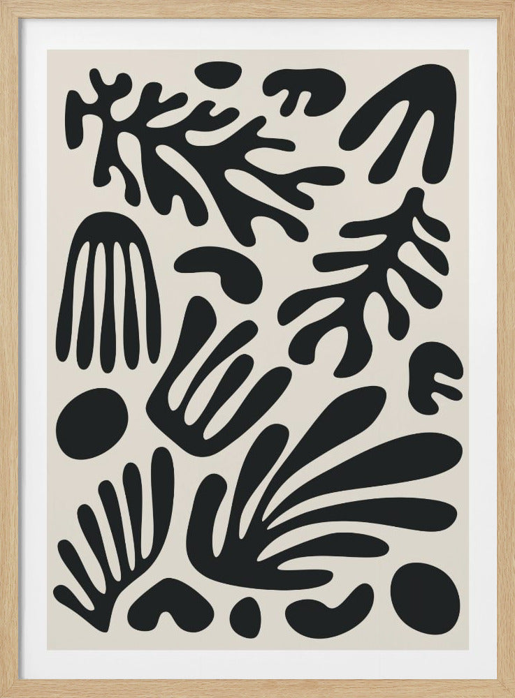 A modern abstract art print featuring a collection of bold, black, organic shapes against a light cream background. The shapes are reminiscent of coral, leaves, and other biomorphic forms, creating a dense and dynamic composition. The piece is framed in a thin black border. Artwork