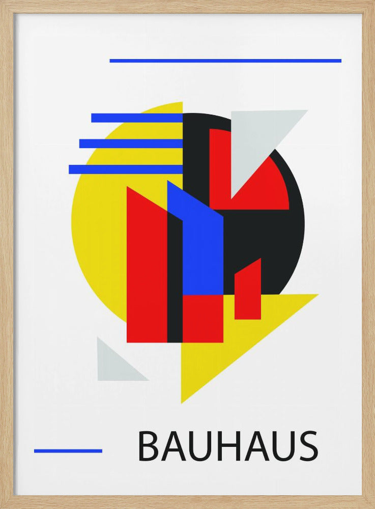 A framed Bauhaus style poster featuring an abstract composition of geometric shapes. The design includes a large yellow circle, red, blue, black, and light gray polygons, and horizontal blue lines against a white background. The word 'BAUHAUS' is printed at the bottom in a black sans-serif font. Poster
