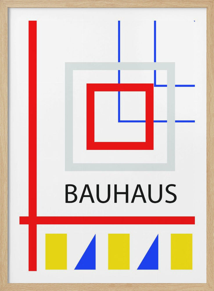 A framed Bauhaus style poster with a white background featuring geometric shapes. It includes overlapping red, light grey, and blue squares and lines. Below the central design, the word 'BAUHAUS' is written in a black sans-serif font, underlined by a red line. The bottom features a pattern of yellow rectangles and blue triangles. Artwork
