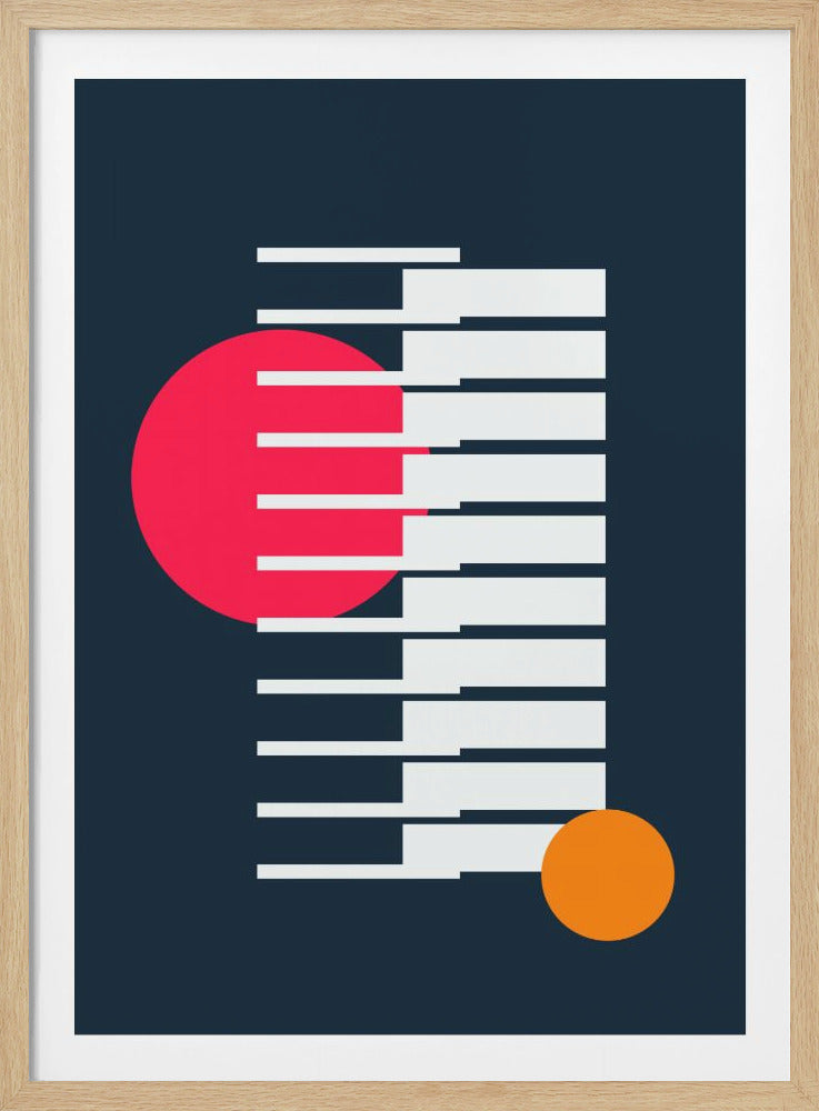 A modern abstract artwork with a dark blue background. A large pink circle on the left overlaps a central column of white horizontal rectangular bars. A smaller orange circle is positioned in the bottom right corner. Artwork
