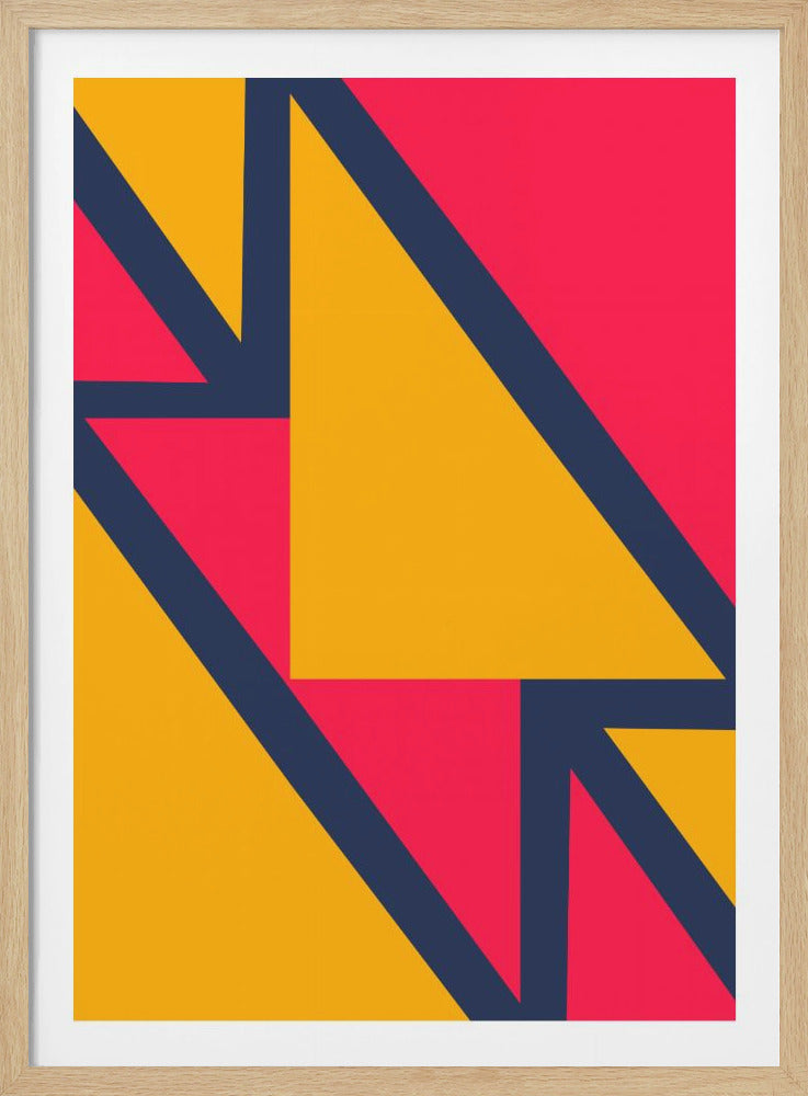 A framed abstract geometric artwork featuring a dynamic composition of pink and yellow shapes divided by thick, dark blue diagonal lines. The lines create a sense of movement and form arrow-like and triangular patterns. Decor