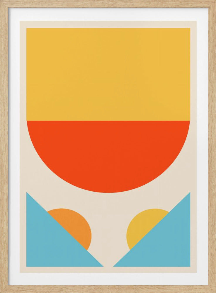 A modern abstract art print in a black frame, featuring a minimalist composition of geometric shapes. Against an off-white background, a large yellow rectangle sits above a bold reddish-orange semi-circle. At the bottom, two light blue triangles form a valley, with partial orange and yellow circles rising behind them, suggesting suns over mountains. Poster