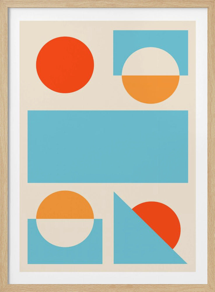 A framed abstract art print with a cream background, featuring a collection of geometric shapes in orange, light blue, and yellow-orange. The composition includes circles, semi-circles, rectangles, and a triangle arranged in a balanced, modern style. Decor