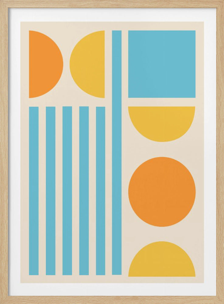 A modern abstract art print in a black frame, featuring geometric shapes in orange, yellow, and blue against a cream background. The composition includes circles, semi-circles, a square, and vertical stripes, creating a balanced and colorful design. Decor