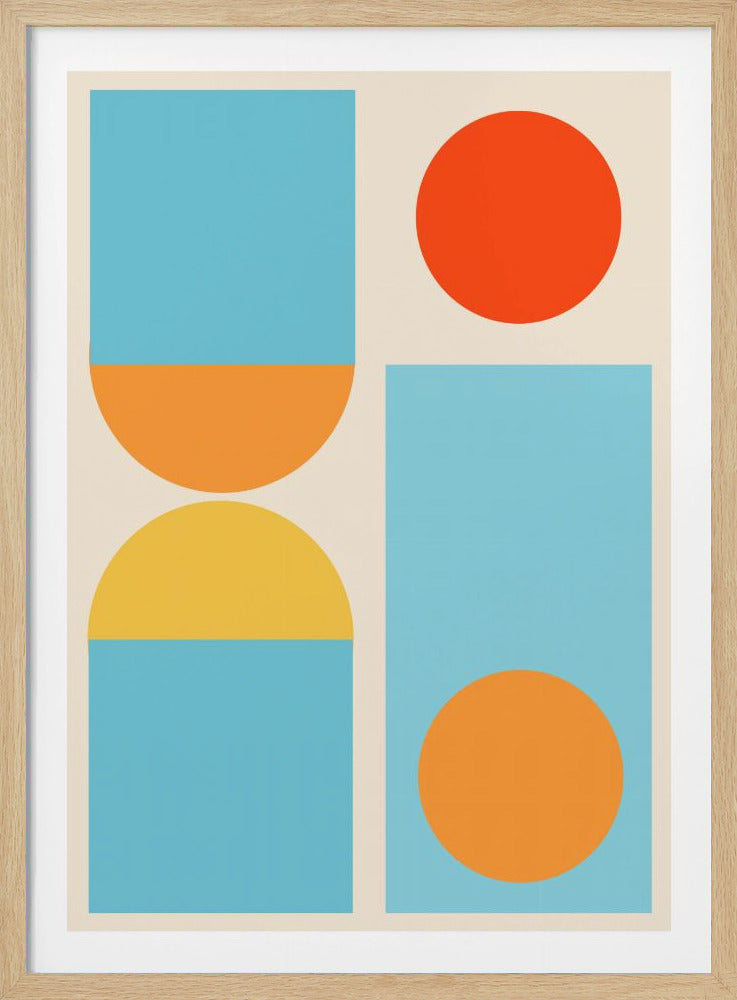 A framed modern abstract art piece featuring a collection of geometric shapes in blue, orange, and yellow against a light cream background, arranged in two vertical columns. Decor