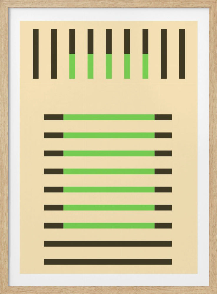 A minimalist abstract art piece in a black frame with a cream-colored background. The artwork features a series of vertical and horizontal bars in dark brown and a vibrant lime green. At the top, ten vertical bars are arranged, with the central ones being partially green. Below, a set of horizontal bars, mostly green with brown ends, are stacked above two solid brown bars at the very bottom. Artwork