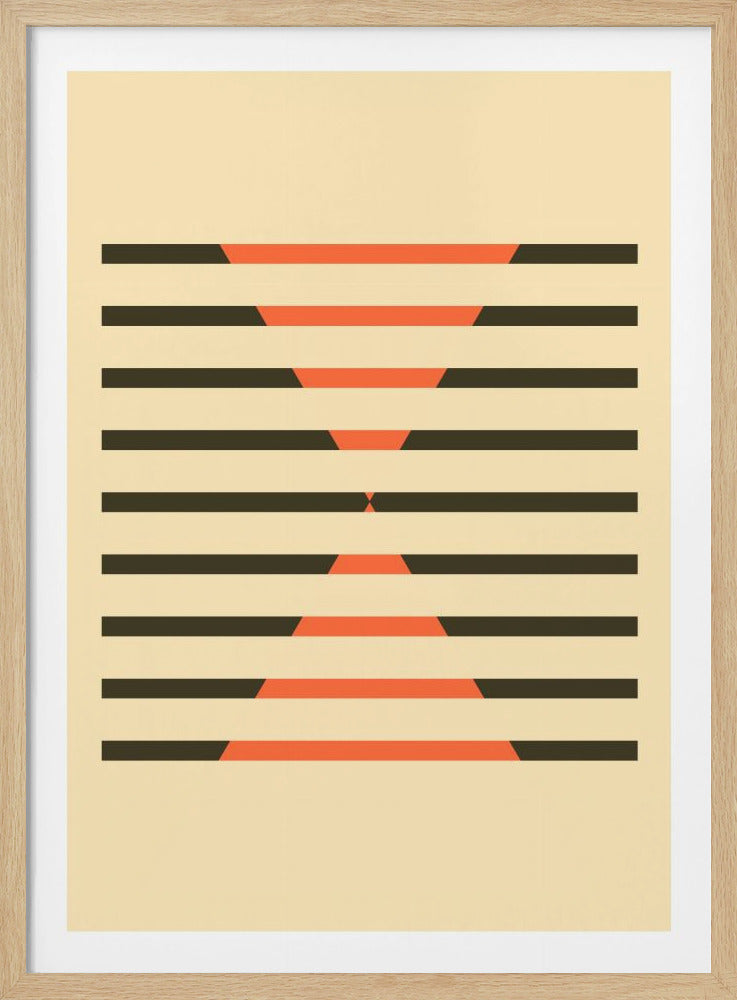 A minimalist abstract art print in a black frame. On a cream background, a series of horizontal dark gray lines are bisected by orange segments that vary in length, creating a symmetrical, hourglass-like shape in the center. Poster