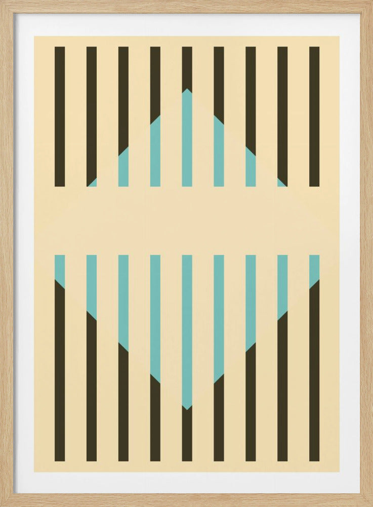 An abstract geometric artwork in a black frame, featuring vertical stripes against a cream background. The stripes alternate between dark brown and light blue, creating a symmetrical pattern that forms a diamond-like shape in the center. Decor