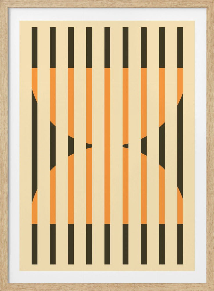 A framed abstract art piece featuring ten vertical stripes in orange and dark brown against a beige background. The composition creates a fragmented, symmetrical image, giving a sense of depth and a hidden form. Poster