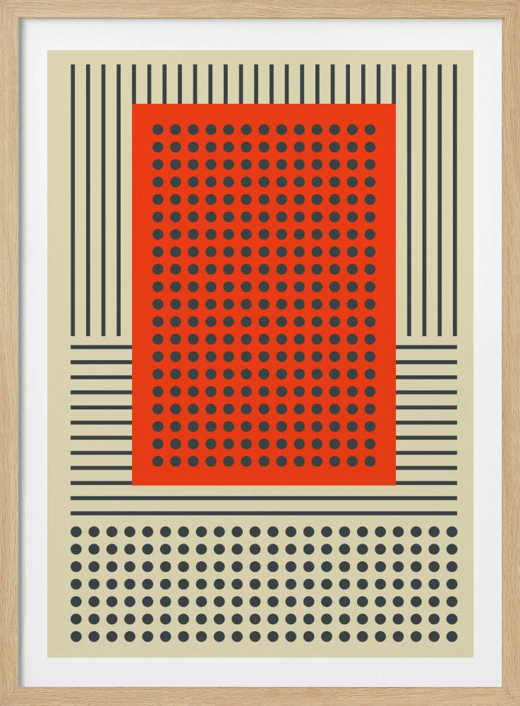 An abstract geometric art print in a black frame, featuring a central bright orange rectangle filled with a grid of dark gray dots. The orange shape is surrounded by patterns of vertical and horizontal dark gray lines and another grid of gray dots on a beige background. Poster
