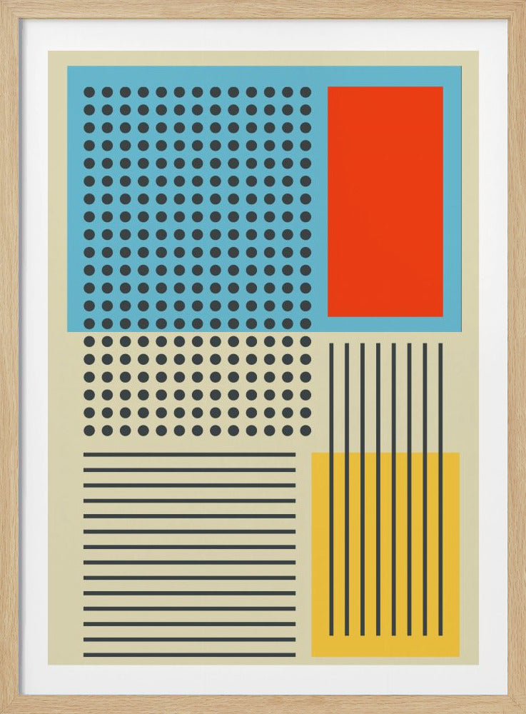 A framed abstract art piece with a color block and geometric pattern design. The composition includes a light blue rectangle with a grid of black dots, a solid orange rectangle, a yellow rectangle with vertical black stripes, and sections of horizontal black stripes and more dots, all on a cream-colored background. Artwork