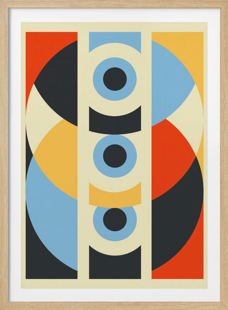 A framed abstract geometric artwork featuring a central vertical column with repeating patterns of blue and black circles, and yellow and black curves. On either side, large, colorful overlapping circular shapes in red, blue, yellow, black, and cream create a symmetrical and balanced composition. Artwork