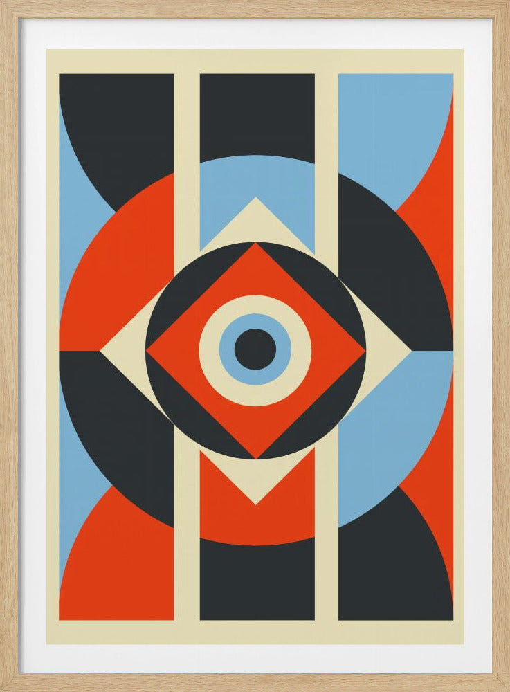 A framed abstract art piece featuring a symmetrical geometric design. The central motif is a series of concentric circles in charcoal, blue, and cream, set within a red diamond. This is surrounded by larger shapes, including circles and rectangles in red, blue, and charcoal, all set against a cream background with vertical stripes. Print