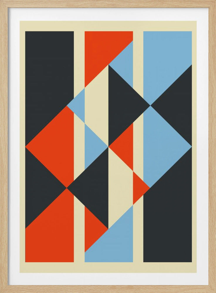 A framed abstract geometric artwork featuring vertical panels and a central pattern of interlocking triangles in dark gray, vibrant orange-red, light blue, and cream. Decor