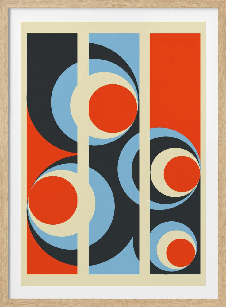 A framed abstract art print with a retro geometric design. Three vertical cream-colored stripes divide a background of alternating orange and dark gray panels. Overlapping circles and curves in light blue, cream, orange, and dark gray create a dynamic and layered composition. Wall Art