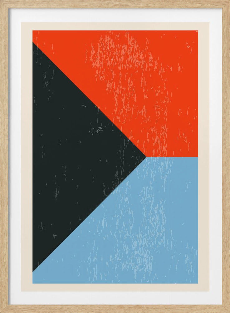 An abstract geometric art print in a black frame. The composition features a large red-orange triangle in the top right, a dark charcoal triangle in the top left, and a light blue rectangle filling the bottom half. The entire image has a distressed, textured finish. Artwork