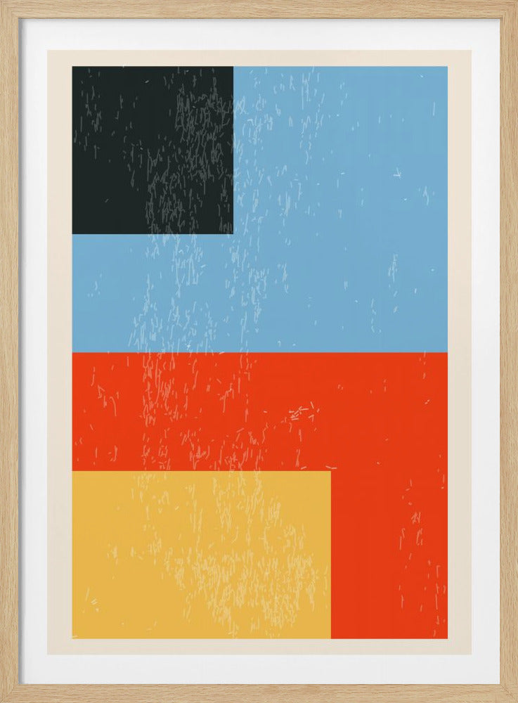 A framed abstract artwork featuring four rectangular color blocks with a distressed texture. A dark gray block is in the top left, next to a large light blue block. Below is a wide red-orange block, with a yellow block at the bottom left. The composition is set against an off-white background. Wall Art