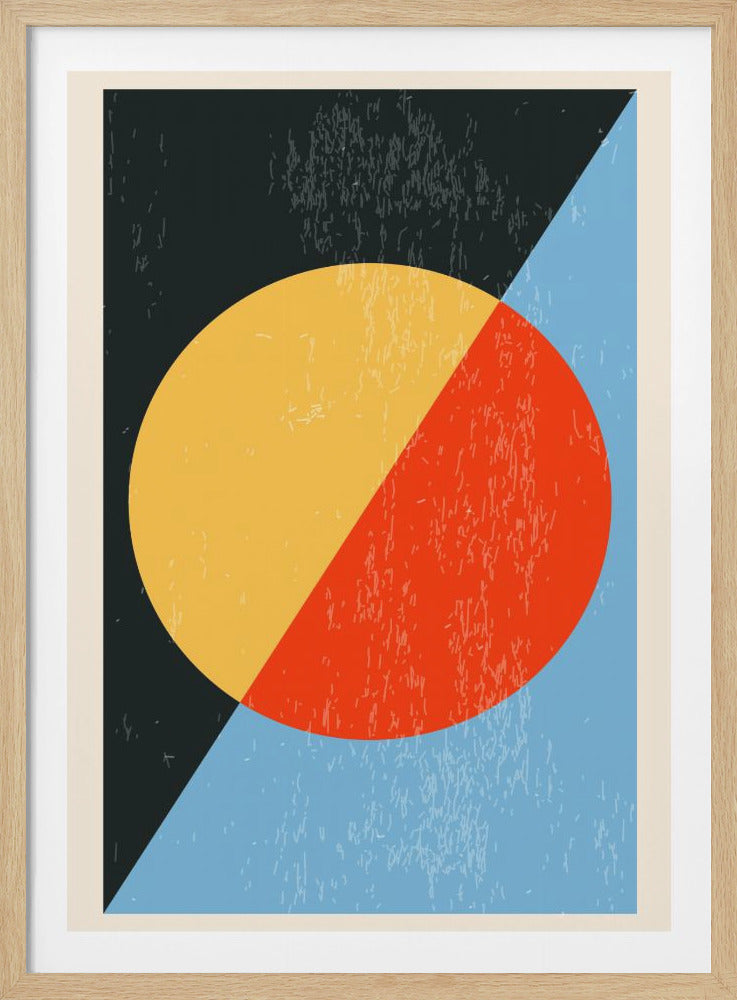 A framed abstract geometric artwork with a distressed texture. A large central circle is bisected diagonally, colored golden-yellow on the upper-left half and red-orange on the lower-right. The background is also divided diagonally, with the upper-left section being dark gray and the lower-right section light blue. Print