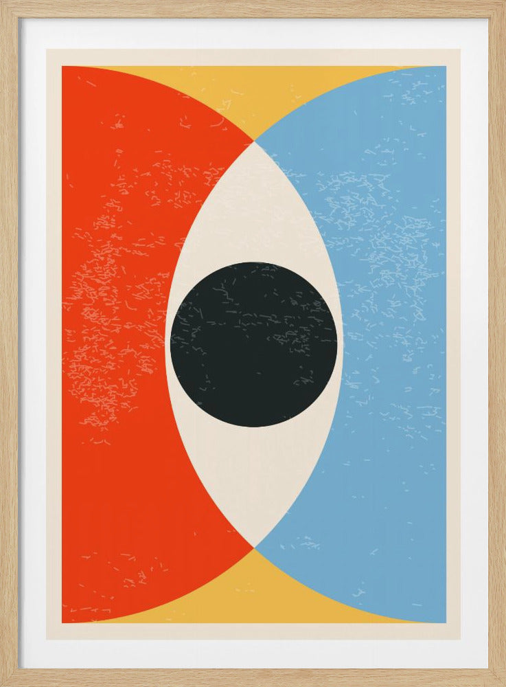 A vertical abstract artwork with a distressed texture, featuring a central off-white eye-shape containing a black circle, set against a background of symmetrical red and blue arcs with yellow corners. Poster