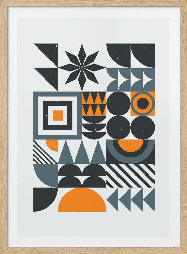 An abstract geometric art print featuring a grid of shapes in dark gray, slate blue, and orange. The composition includes triangles, circles, semi-circles, squares, and an eight-pointed star, creating a balanced and modern design. Decor