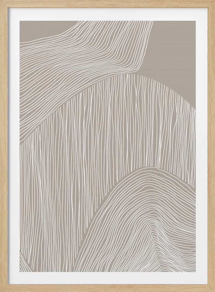 A modern abstract art piece with a beige background covered in intricate, hand-drawn white lines that form various textures and shapes resembling rolling hills or landscapes, enclosed in a simple black frame. Poster