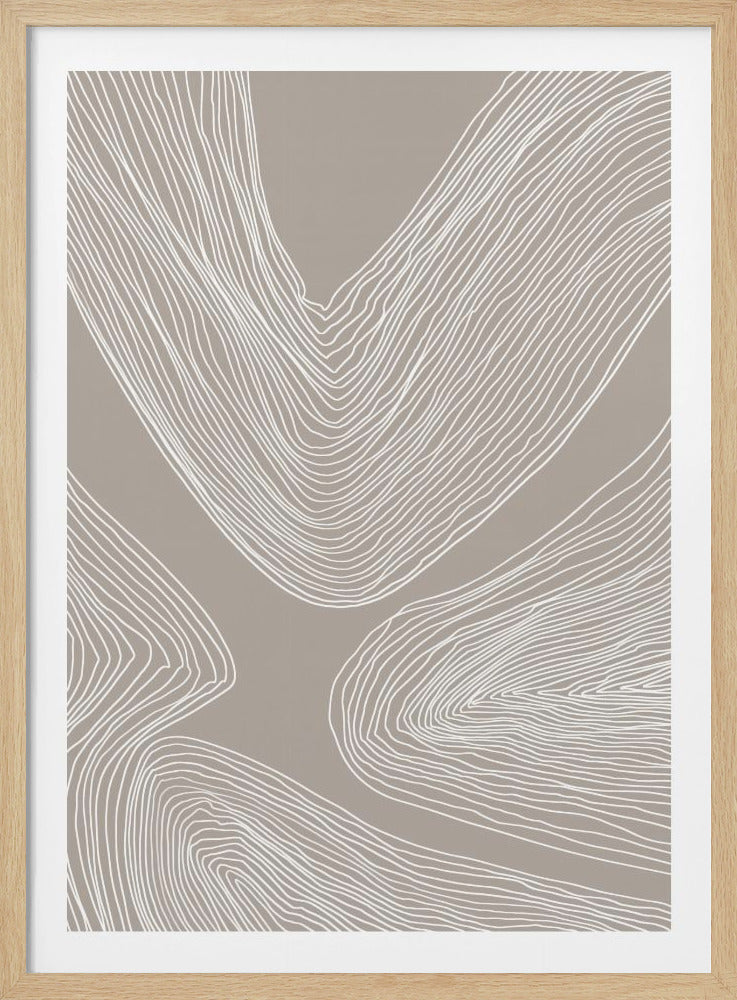 An abstract art piece in a black frame, featuring flowing organic shapes created with fine white contour lines on a solid taupe background. The design evokes natural patterns like wood grain or topographic maps. Print