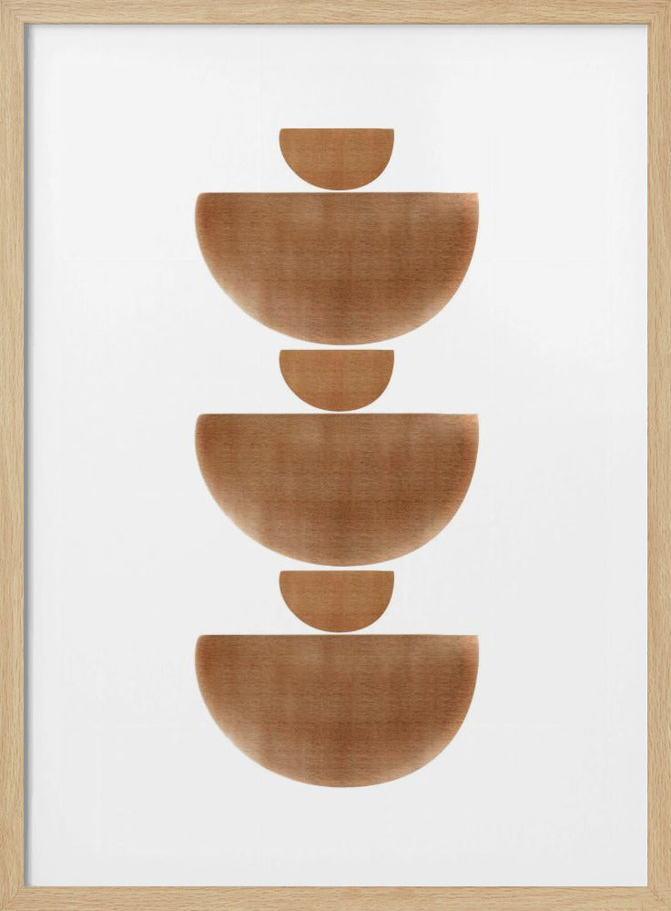 A minimalist abstract artwork in a black frame, featuring a vertical column of stacked brown semicircles of alternating sizes against a stark white background. The brown shapes have a textured, almost wood-grain appearance. Print