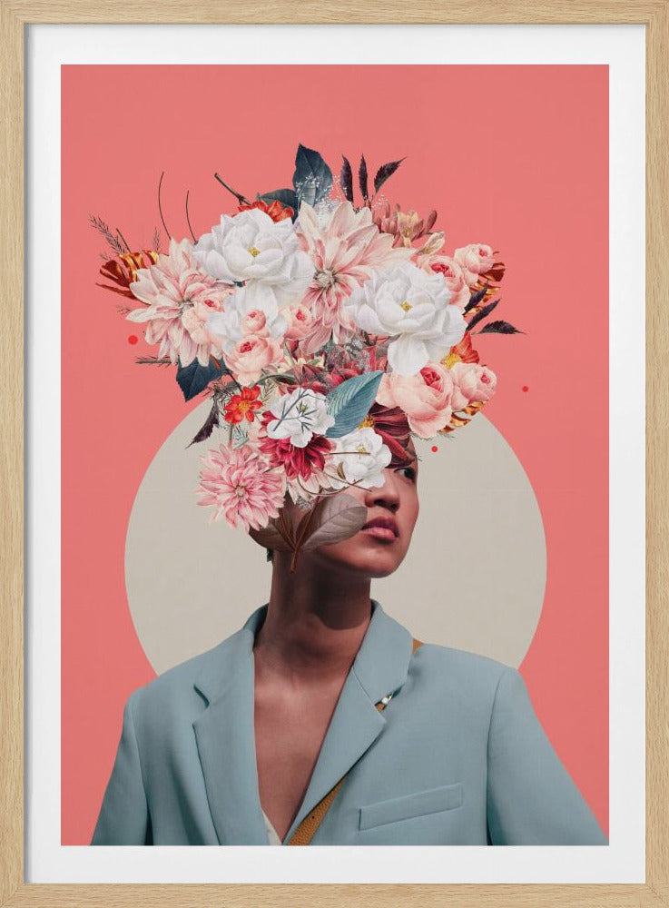 A surreal collage portrait of a person wearing a light blue blazer against a coral pink background. Their head is an explosion of various flowers, including white peonies and pink dahlias, creating a vibrant and artistic headpiece. A large, off-white circle is positioned behind them. Poster
