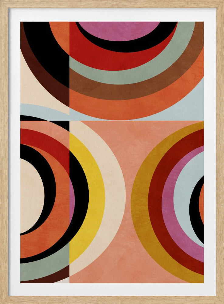 An abstract geometric artwork in a black frame, divided into quadrants. It features large, colorful concentric arcs in shades of orange, red, black, brown, and yellow, creating a dynamic and retro composition against a textured peach and off-white background. Artwork