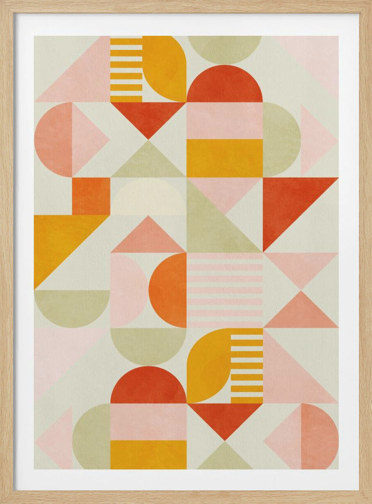 A framed piece of abstract geometric art featuring a grid pattern of shapes in a warm color palette. The design includes triangles, semicircles, and rectangles in shades of orange, yellow, pink, and sage green on a light cream background, creating a modern and playful composition. Poster