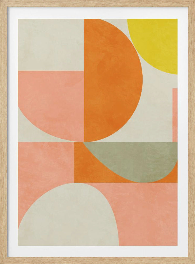 A modern abstract art piece in a black frame, featuring a collage of geometric shapes like circles and rectangles. The color palette consists of warm tones including orange, peach-pink, yellow, and a muted sage green against a textured off-white background. Poster