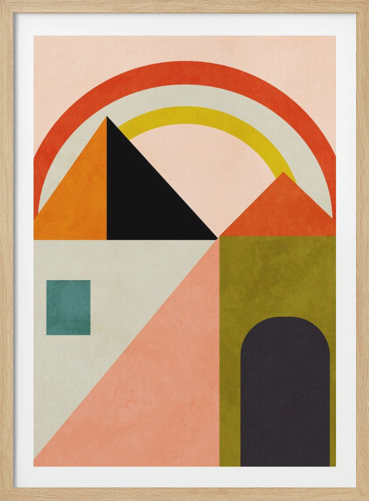 A modern abstract artwork featuring a collage of geometric shapes with a subtle texture. A rainbow arch in red, white, and yellow curves over triangular and rectangular forms resembling buildings. The color palette includes orange, black, pink, olive green, and teal against a pale pink background, all contained within a thin black frame. Wall Art