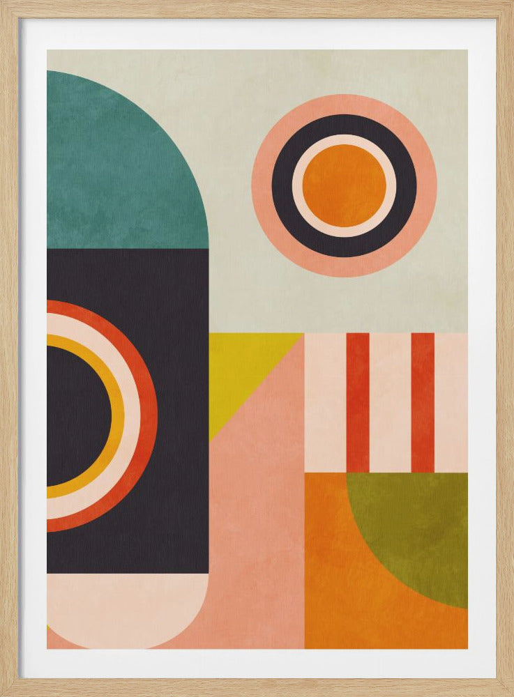 A framed abstract art print featuring a collage of geometric shapes in a retro color palette of teal, orange, pink, yellow, and dark grey. The composition includes circles, semi-circles, rectangles, and stripes arranged in a balanced, blocky design against a light cream background. Decor