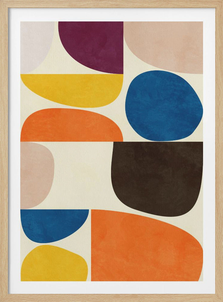 A framed abstract art piece featuring a collection of rounded, organic shapes in a grid-like composition. The colors include bold shades of blue, orange, yellow, purple, and brown, along with softer pinks, all set against a textured off-white background. Wall Art