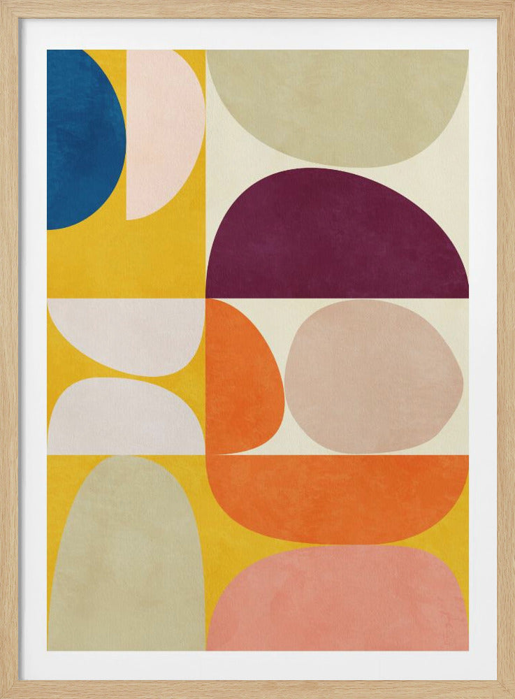 A framed abstract art piece with a color block design. The composition is divided into sections of mustard yellow and off-white, featuring large, rounded geometric shapes in colors like deep magenta, royal blue, orange, pale pink, and muted green. Decor