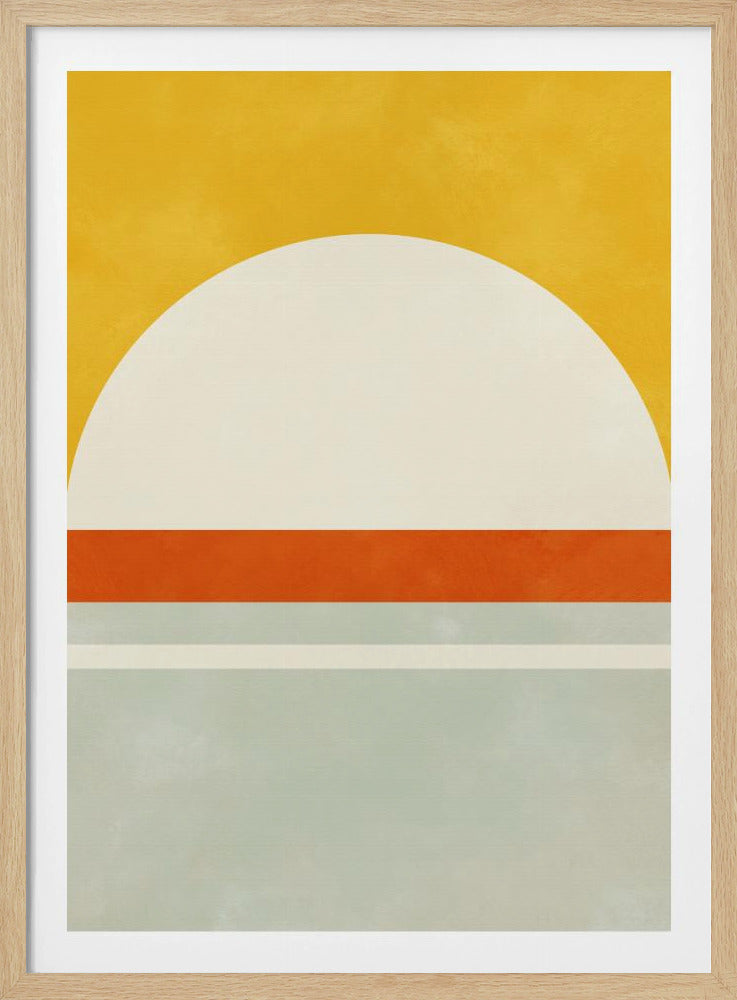 A framed abstract art print featuring geometric shapes. The top third is a solid golden yellow. Below it is a large off-white semicircle. A thick, vibrant orange stripe runs horizontally across the middle, and the bottom section consists of muted blue-grey and a thin off-white stripe, creating a minimalist landscape feel. Decor
