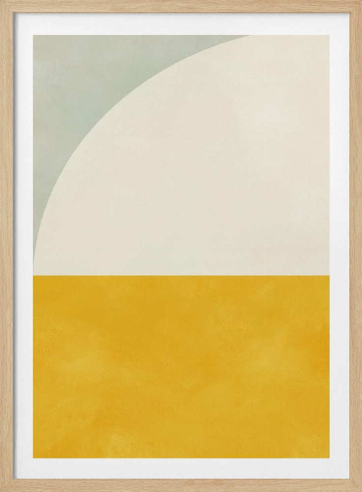 A minimalist abstract art print in a black frame. The design is color-blocked, with the bottom half a solid, textured mustard yellow. The top half is off-white, with a large white arc curving in from the top left corner, which is a pale sage green. Decor