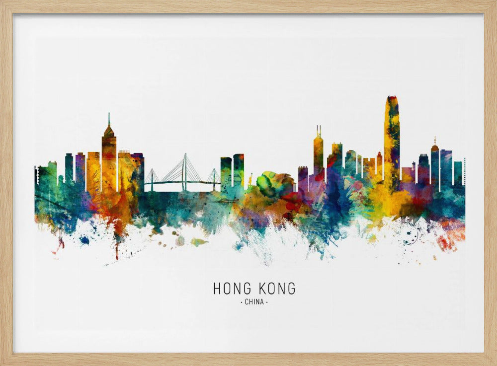A vibrant watercolor silhouette of the Hong Kong skyline against a clean white background. The artwork is filled with a splashy blend of bright yellows, deep blues, and vivid teals. Below the cityscape, the text 'HONG KONG' and '. CHINA .' is printed. The entire piece is framed in a simple silver frame. Print