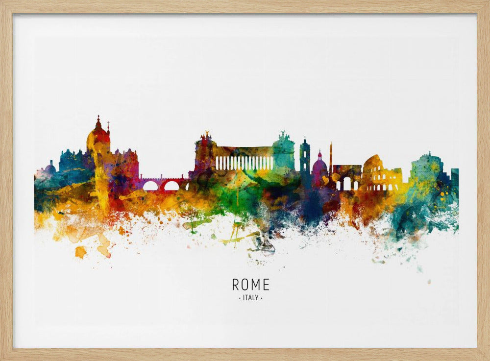 A colorful watercolor skyline of Rome, Italy, featuring famous landmarks. The silhouette is filled with vibrant splashes of yellow, orange, blue, and purple against a white background. The text 'ROME . ITALY .' is centered below the artwork, which is enclosed in a silver frame. Wall Art