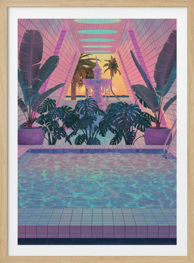 A vaporwave-style digital artwork of a poolside view looking through a pink tiled corridor towards a beach sunset. The pool's water shimmers with teal and purple, flanked by large tropical plants. In the distance, a fountain and palm trees are silhouetted against the orange sky. Wall Art