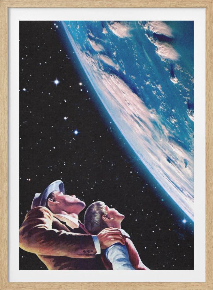 A vintage-style illustration of a father and son in space, looking up in wonder at a large, brightly lit planet Earth against a backdrop of stars. Wall Art