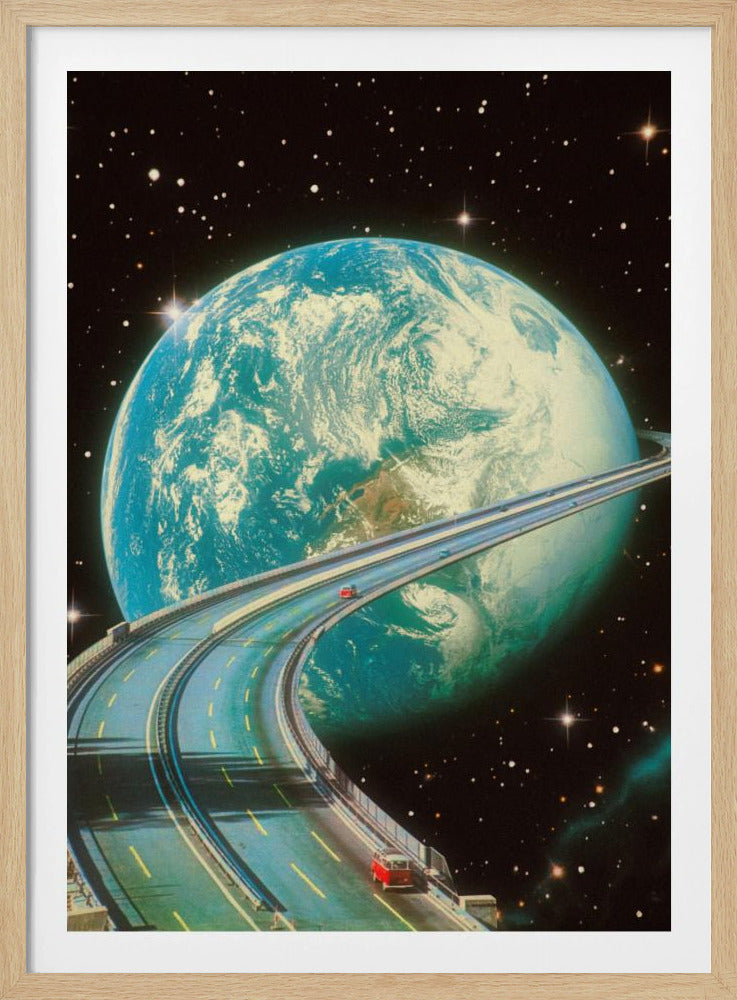 A surreal, vintage-style collage depicting a multi-lane highway encircling the planet Earth like the rings of Saturn. Two small, red vintage cars are driving along the road against a backdrop of a star-filled black sky. Print
