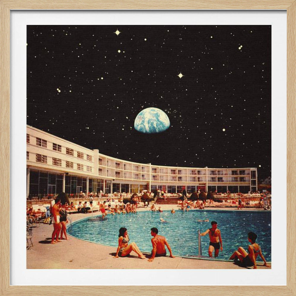 A surreal collage of a vintage hotel pool scene set against a black, starry night sky with the planet Earth floating like a moon. People in retro swimwear are swimming and lounging around the curved pool. Wall Art