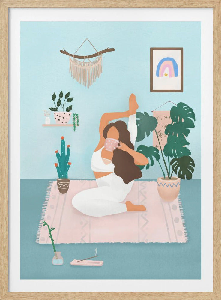 An illustration of a woman in a flexible yoga pose on a pink rug, sipping from a mug in a cozy, plant-filled room with light blue walls and bohemian decor. Print