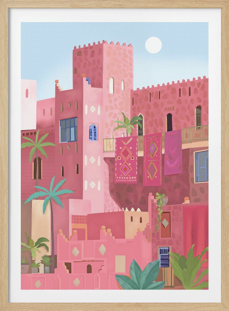 A vibrant illustration of a sun-drenched Moroccan city, featuring buildings in various shades of pink, with palm trees, and colorful rugs hanging from balconies under a pale blue sky with a white sun. Artwork