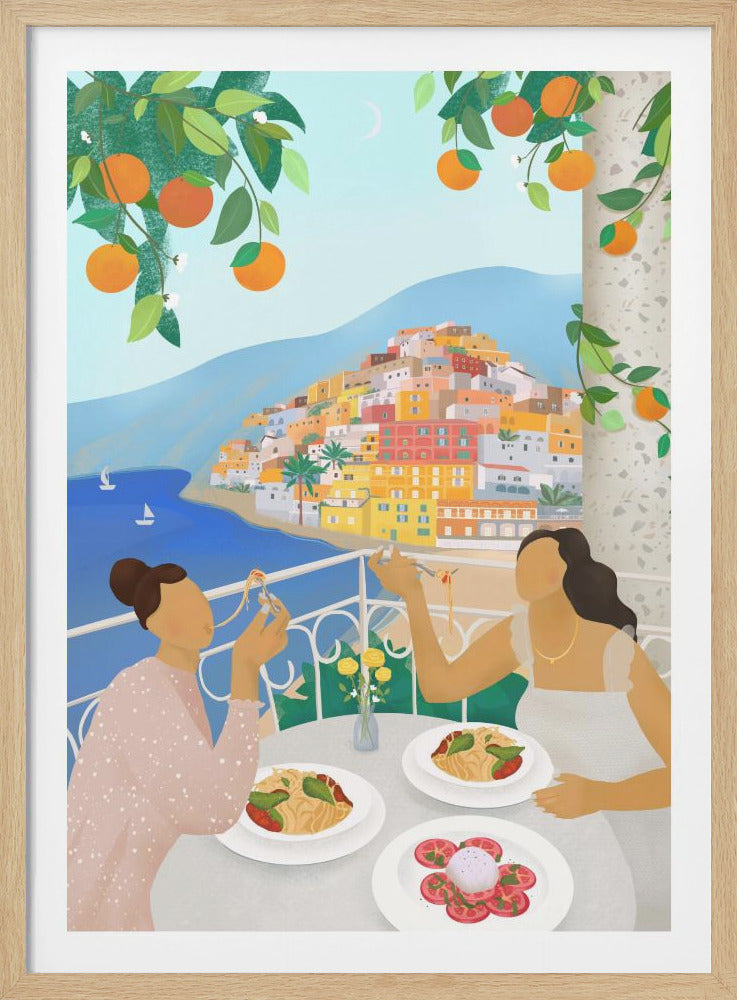 An illustration of two women dining on a balcony overlooking a vibrant, colorful coastal village in Italy. They are eating pasta, with a view of the blue sea and a hillside covered in multi-colored houses. The scene is framed by leafy orange trees under a light blue sky. Poster