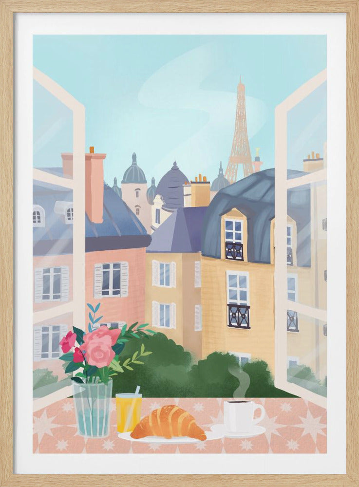 An illustration depicting a view from an open window onto a Parisian cityscape. The Eiffel Tower is visible in the distance above colorful buildings. In the foreground, a breakfast of a croissant, a cup of coffee, and a glass of juice sits on a patterned tablecloth next to a vase of pink roses. Artwork