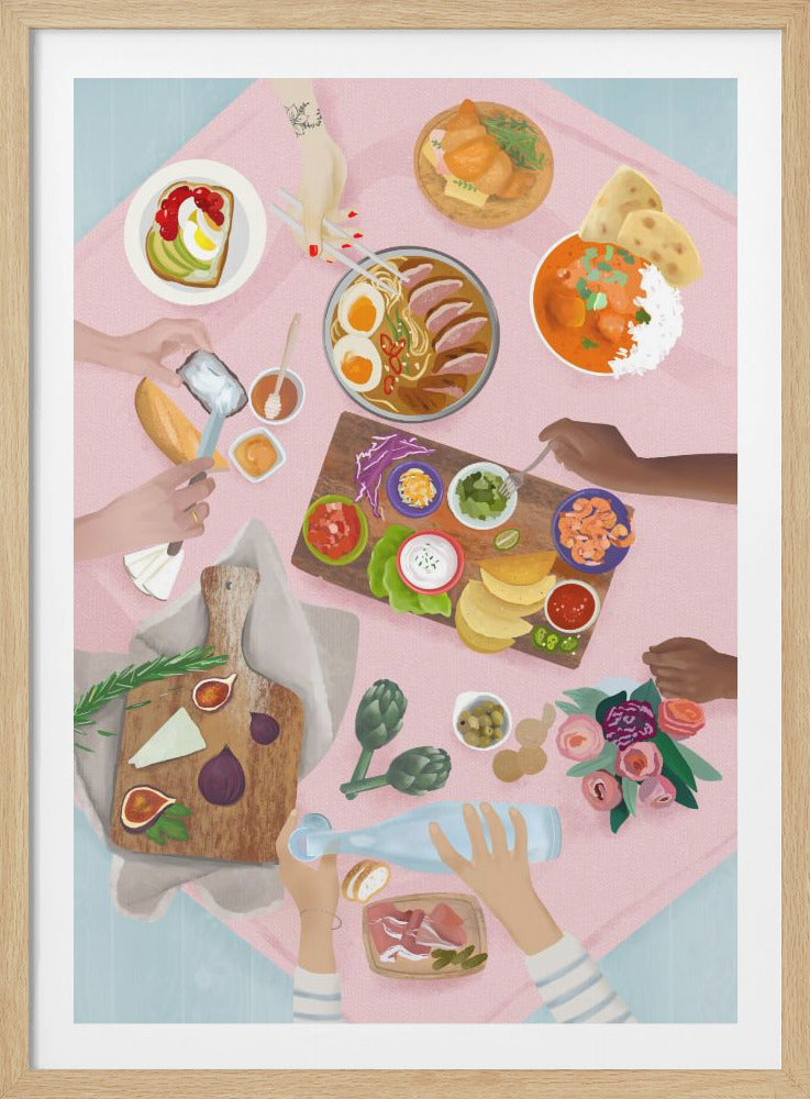 A vibrant, illustrated overhead view of a diverse group of friends sharing a large meal. The pink tablecloth is laden with various international dishes like ramen, tacos, curry, a cheese board with figs, and avocado toast. Multiple hands are seen reaching for food, eating with chopsticks, and pouring water, creating a lively and communal atmosphere. Poster