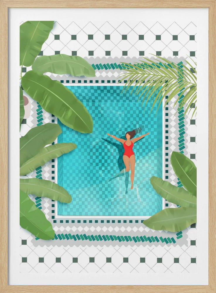 An aerial view illustration of a woman in a red swimsuit floating peacefully on her back in a bright turquoise swimming pool. The pool is surrounded by large green tropical leaves and a white tiled patio, all within a black frame. Wall Art
