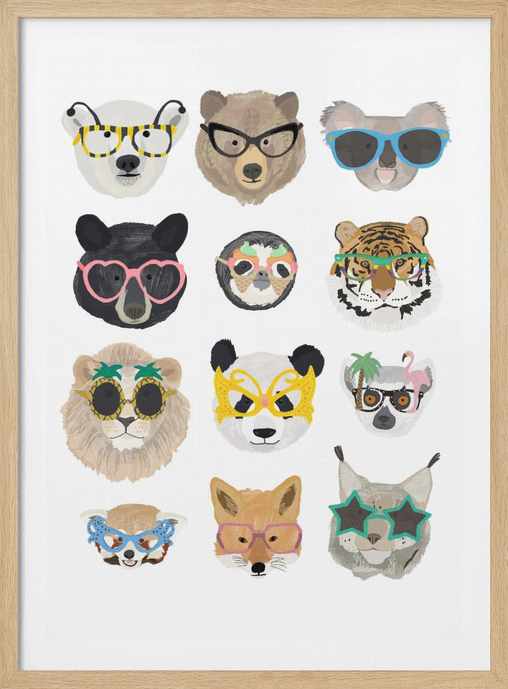 A whimsical art print featuring a grid of twelve different animal heads, each wearing a unique and playful pair of sunglasses. Animals include a polar bear in yellow glasses, a black bear in pink heart-shaped glasses, a lion in pineapple sunglasses, and a panda in yellow butterfly glasses, all on a clean white background. Wall Art